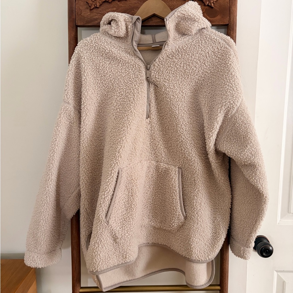 Old Navy Cream/Tan Sherpa Teddy Pullover Hoodie Quarter Zip